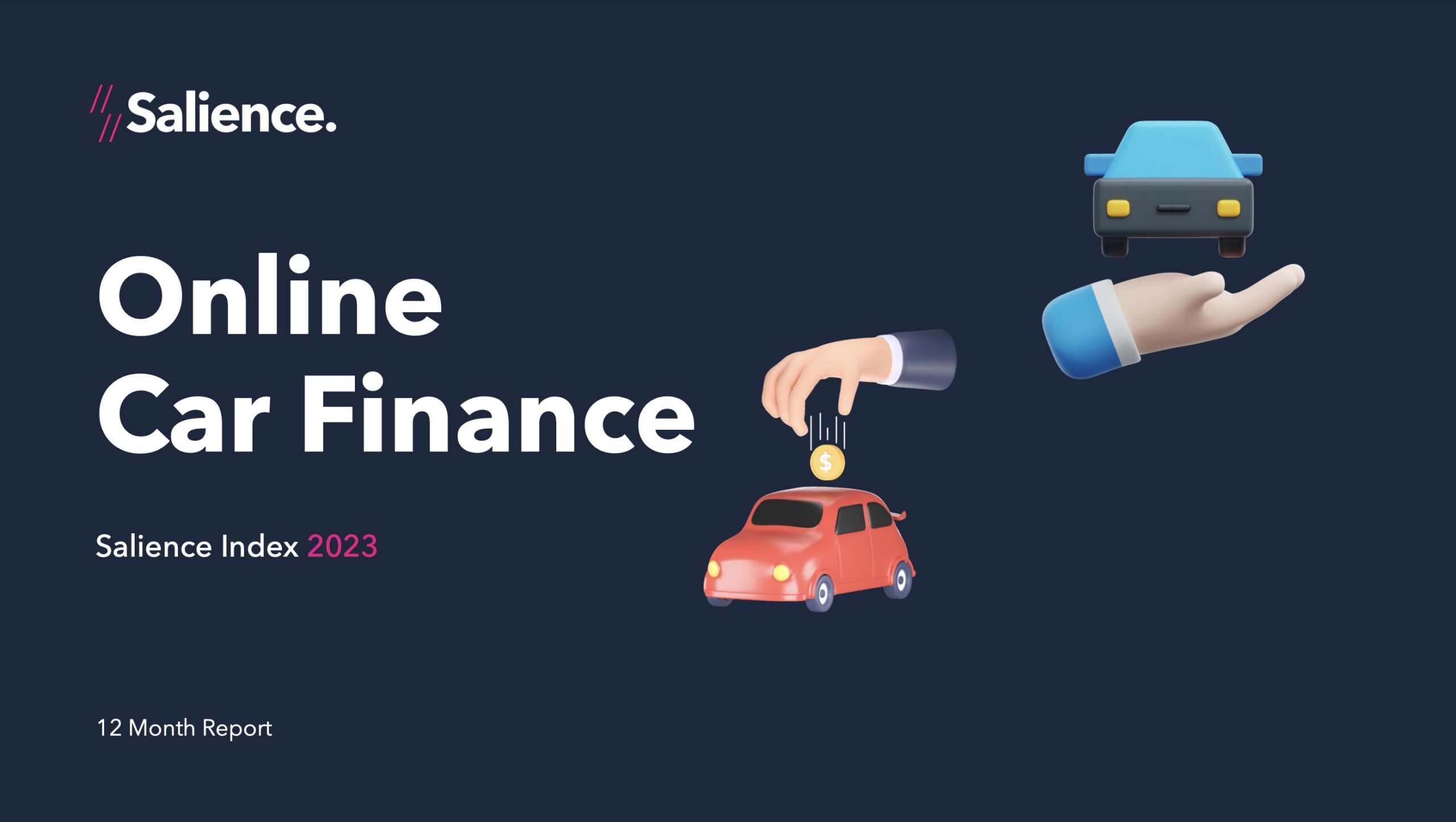 Car finance market performance report cover. Background is blue toned with a car covered in rain parked.