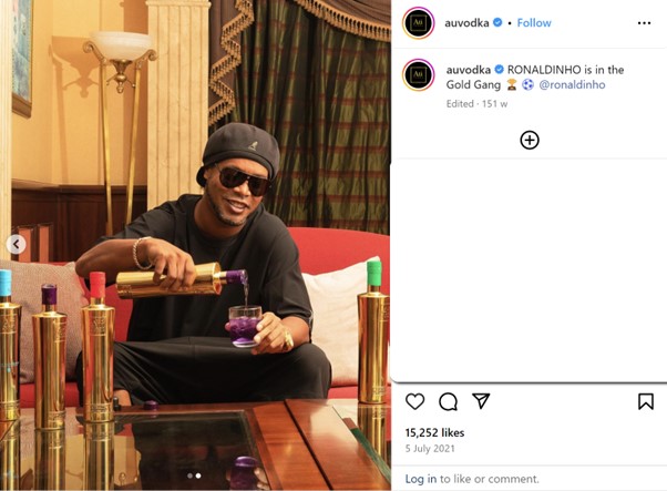 A social media post of Ronaldinho drinking the auvodka product