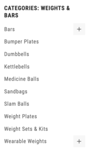 Image of a product filter menu on the Mira fit website 