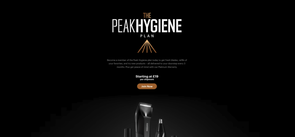 An image of manscaped's peak hygiene subscription product page 