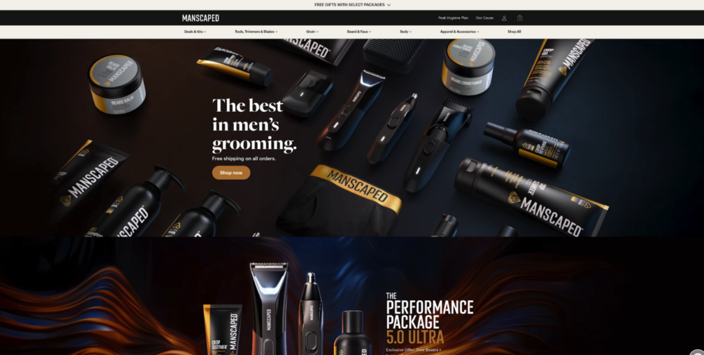 An image of manscaped's website featuring a collection of their products and the headline, the best in men's grooming 