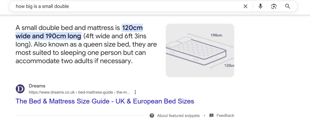 Screenshot of Dreams.co.uk ranking for a featured snippet on Google SERP