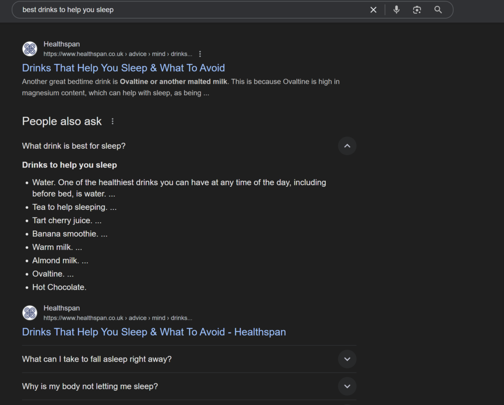 Screenshot of Google SERP with People Also Ask section with Healthspan ranking in a question box