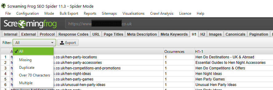 finding header tags in screaming frog