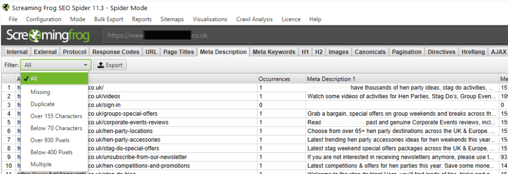 finding meta descriptions in screaming frog