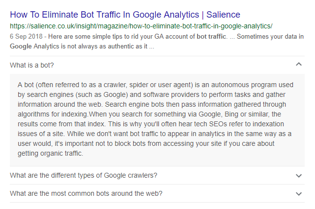 example of FAQ SCHEMA snippet with google bot traffic article