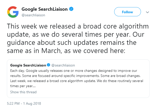 Google Search Liaison broad algorithm update tweet