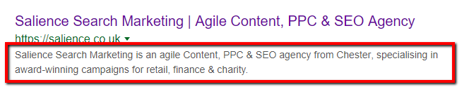 meta description example in serps