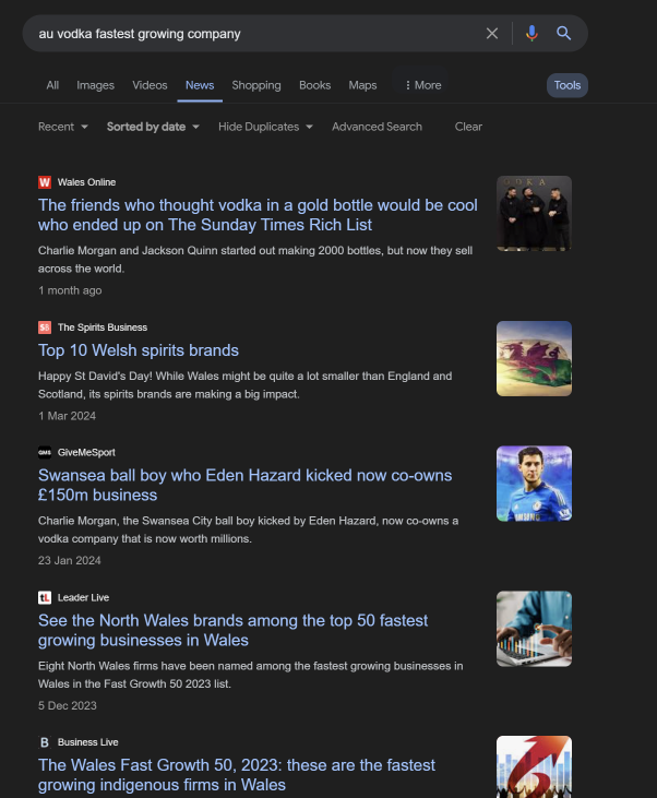 Google search showing Au Vodka as the UK's fastest growing company and vodka brand on news articles