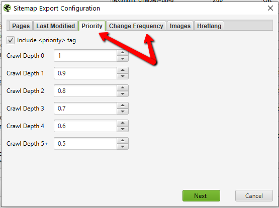 screaming frog sitemap priority change frequency