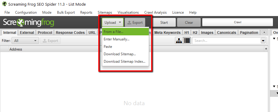 screaming frog upload options