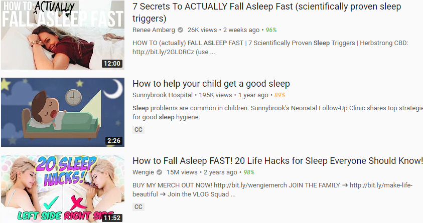 YouTube search results how to fall asleep thumbnails