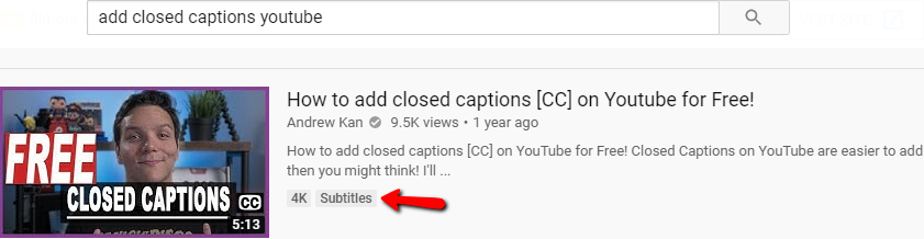 YouTube closed captions search result screenshot
