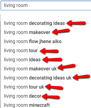 YouTube autosuggest for living room keyword
