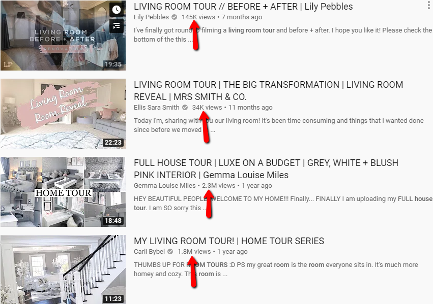 YouTube search for living room tour includes videos with over a million views