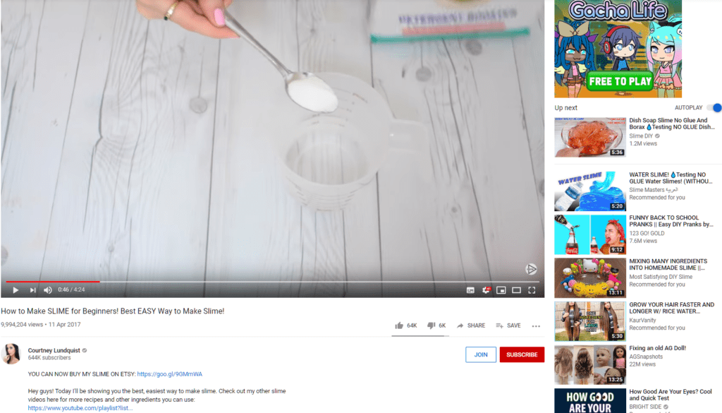 YouTube screenshot 'How to Make Slime' video