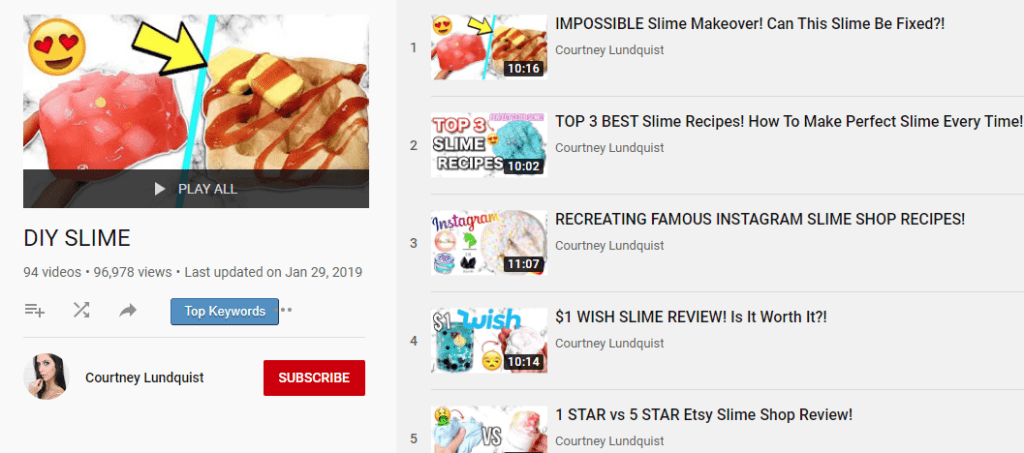 YouTube playlist example showing DIY Slime playlist