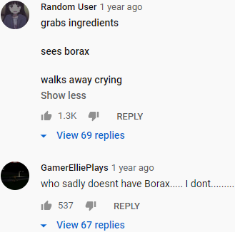 YouTube slime video comments for no borax
