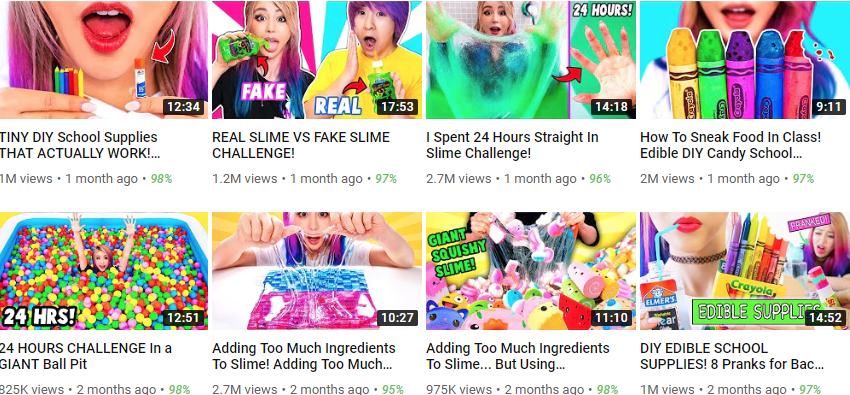 Wengie's YouTube channel with eyecatching colourful thumbnails